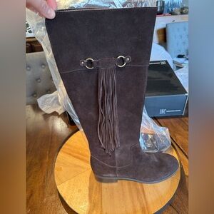 Brown Suede Knee-High Boots with Fringe wide calf